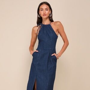 Chicest Era Dark Wash Denim Halter Midi Dress with Pockets